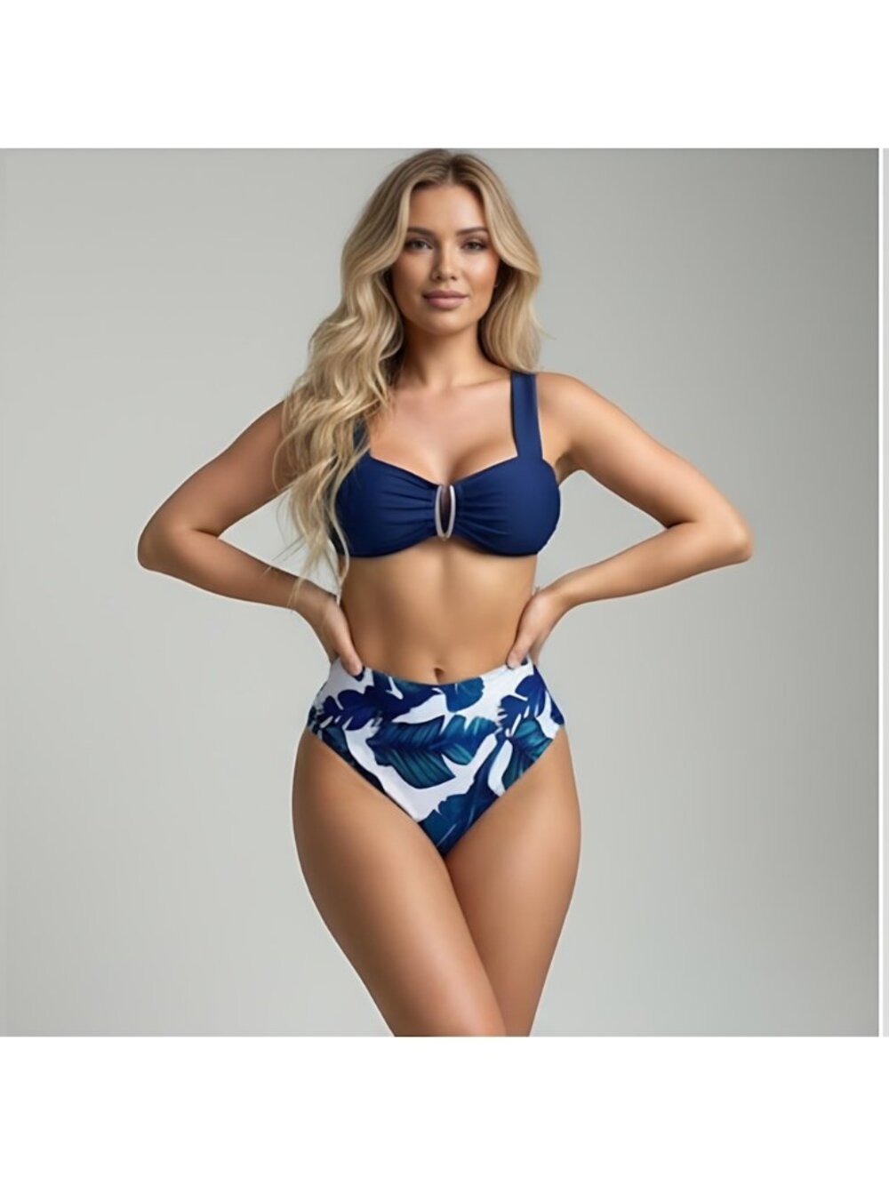 High Waist Blue Tropical Print Bikini Swimsuit
